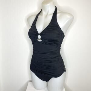 Heidi Klein Shirred Ruched One Piece Swimsuit Womens 2 Black Gold Center Ring